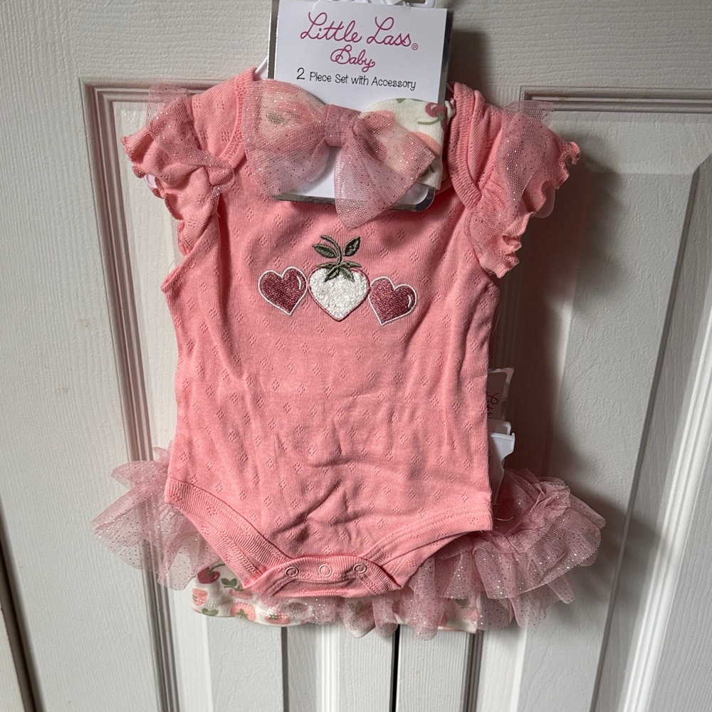 Little Lass Pink Heart and Strawberry Onesie Set